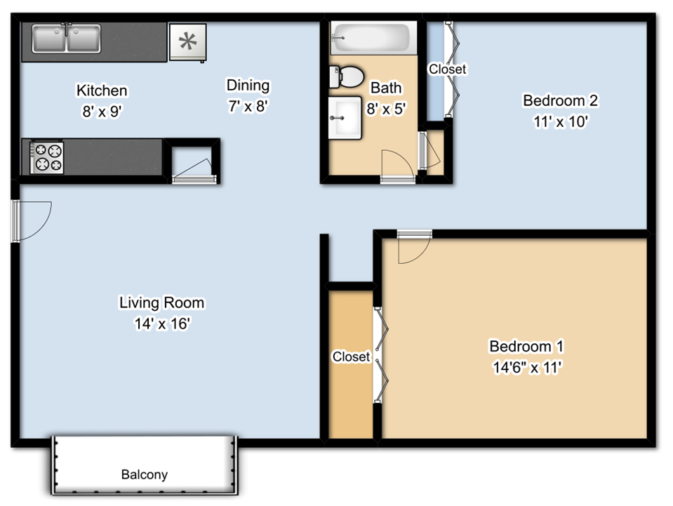 Floor plan for 2 beds, 1 bath, 850 sqft